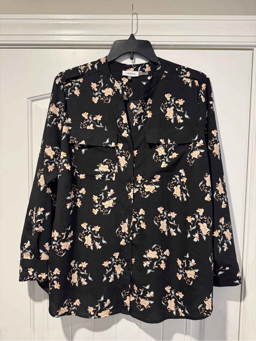 Calvin Klein Black Button-Front Floral Blouse with Peach Blooms